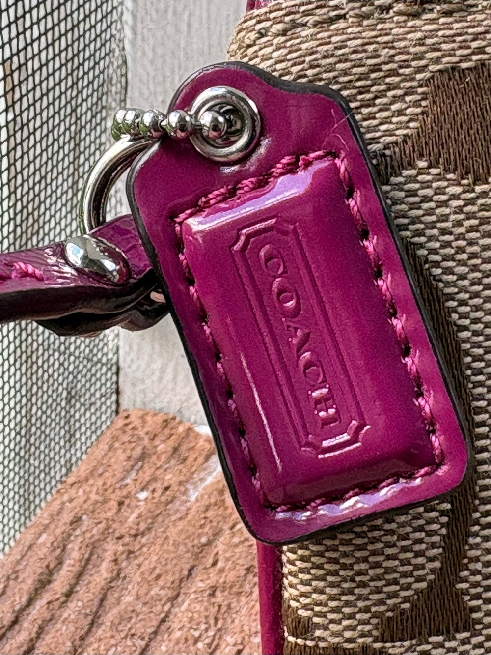 Coach Taupe Signature Canvas Wristlet with Plum Center Stripe - Picture 3 of 5